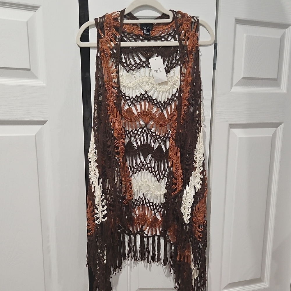 Brown and Cream Crochet Fringe Vest